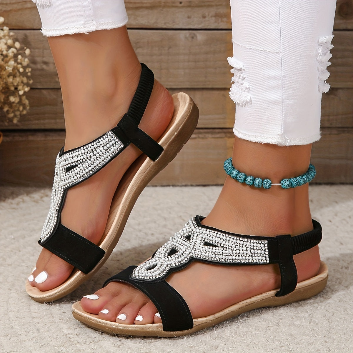 Women's Rhinestone Decor Flat Sandals, Casual Slip On Elastic Band Shoes, Lightweight Summer Sandals